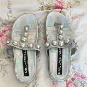 Karl Lagerfeld Silver Slide Sandals with Pearl Accents